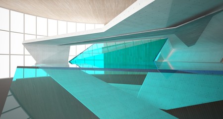 Abstract architectural wood and glass interior of a minimalist house. 3D illustration and rendering.