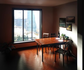 Kitchen interior with a table and panoramic window. 3D rendering.