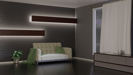 Home interior with a window. Empty room. Architectural concept design. 3D rendering.
