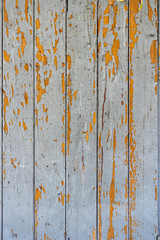 old painted wooden planks of yellow color are peeling off from time. Paint peeling off the wooden surface of the old planks. Texture of old painted wooden boards