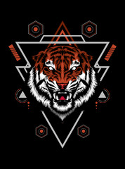 Wild tiger head logo illustration with sacred geometry pattern as the background