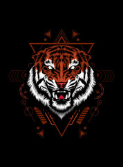 Wild tiger head logo illustration with sacred geometry pattern as the background