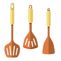 A set of three different spatulas. Simple kitchenware for infografic, recipes. Chef handle icons on white background.