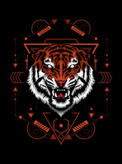 Wild tiger head logo illustration with sacred geometry pattern as the background