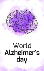 International Alzheimers Day. Vertical card with outline human brain on purple watercolor stains. Disease and extinction. Vector banner for medical articles, banners, cards and your design.