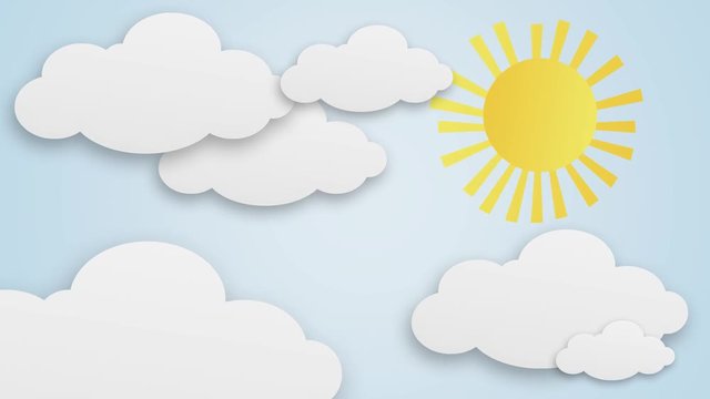 Cartoon Clouds and Sun on bright blue background