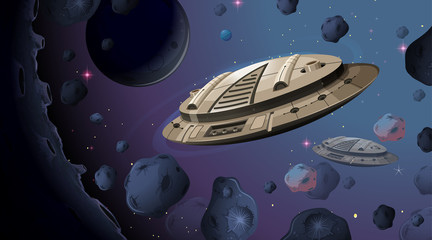 Alien ship in asteroid scene