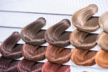 Hair color chart. Palette of dyed shiny hair samples. Catalog for selection in a beauty salon