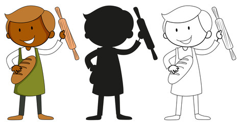 A set of characters in color, silhouette and outline