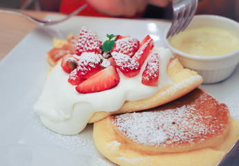 Strawberry Cheese Souffle Pancakes with Fondue. Japanese Cotton-Soft Japanese Sponge Cake Recipe.