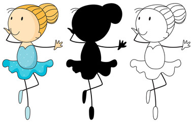 A set of characters in color, silhouette and outline