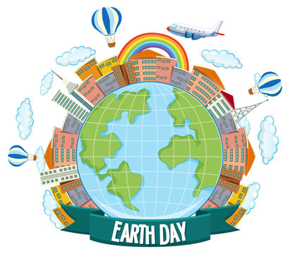 Earth day poster with house, planes and rainbow