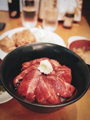 Fresh Slice Maguro or Tuna Fish With Rice in Bowl at Local Japanese Restaurant