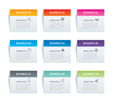 Infographics rectangle paper index with 9 data template. Vector illustration abstract background. Can be used for workflow layout, business step, banner, web design.