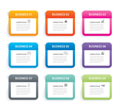 Infographics rectangle paper index with 9 data template. Vector illustration abstract background. Can be used for workflow layout, business step, banner, web design.