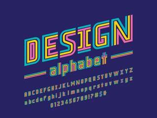 Retro style colorful alphabet design with uppercase, lowercase,numbers and symbols