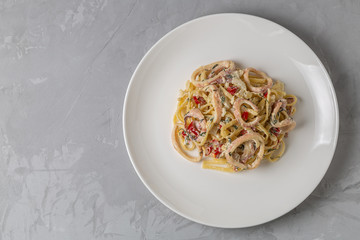Pasta with squid and herbs in cream sauce. The view from the top. Copy-space.