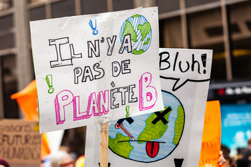 French banner during ecological protest. Environmental activist holds a French sign saying there is...