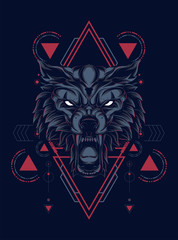 wild wolf head logo illustration with sacred geometry pattern as the background