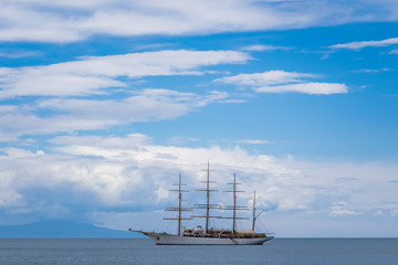 Sailing ship in Amalfi Harbor Marina Coppola, Amalfi Port, province of Salerno, the region of...