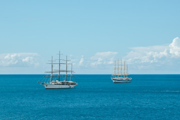 Sailing ship in Amalfi Harbor Marina Coppola, Amalfi Port, province of Salerno, the region of Campania, Amalfi Coast, Costiera Amalfitana, Italy
