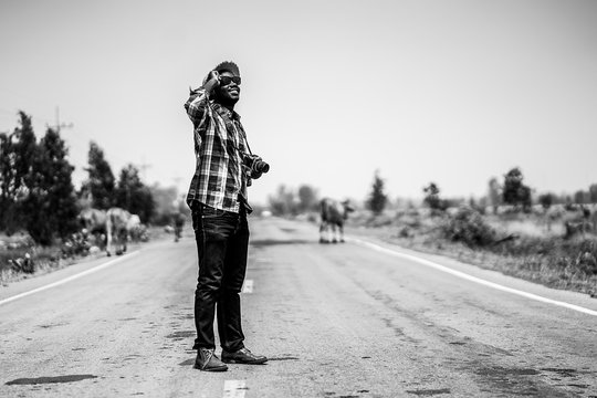 African man photographer traveling in countryside with cows.B&W style
