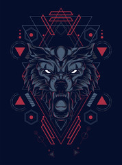 wild wolf head logo illustration with sacred geometry pattern as the background