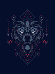 wild wolf head logo illustration with sacred geometry pattern as the background