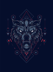 wild wolf head logo illustration with sacred geometry pattern as the background