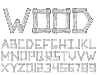 Set of vector wooden abstract font and alphabet.