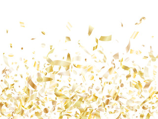 Holiday realistic gold confetti flying on black background.