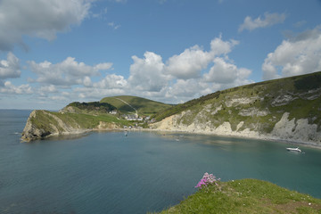 View over Lulworth Cove rock formations and strata on the Dorset coast