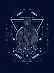 Wild white tiger illustration with sacred geometry pattern as the background