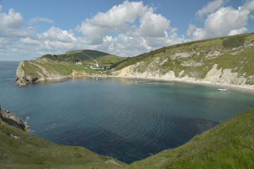 View over Lulworth Cove rock formations and strata on the Dorset coast