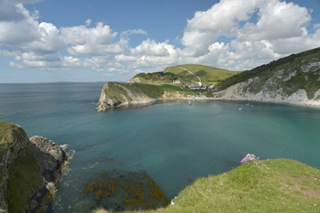 View over Lulworth Cove rock formations and strata on the Dorset coast