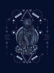 Wild white tiger illustration with sacred geometry pattern as the background