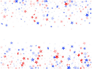 Flying red blue white star sparkles on white vector american patriotic background.