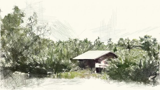 art drawing color of home near river background