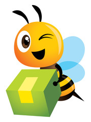 Fototapeta premium Cartoon cute bee carries a big green box for delivery service. - Vector mascot character isolated