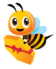 Obraz premium Cartoon cute bee carries a huge honeycomb for delivery. Honeycomb gimmick for customer. Vector illustration isolated