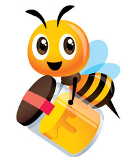Cartoon cute bee holds a big bottle of  fresh honey product. Delivery fresh natural honey product to customer. Vector illustration isolated