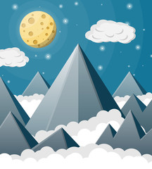 Fototapeta na wymiar Space landscape with mountains and full moon. Sky with stars and clouds. Night rocky landscape. Vector illustration in flat style