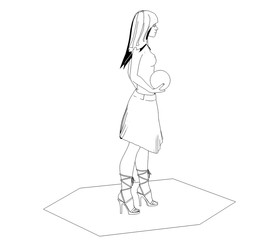 woman character, 3D illustration, sketch, outline