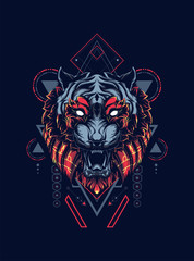 Wild tiger head logo illustration with sacred geometry pattern as the background