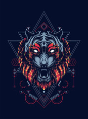 Wild tiger head logo illustration with sacred geometry pattern as the background