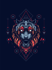 Wild tiger head logo illustration with sacred geometry pattern as the background