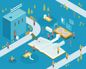 Little people in a book factory. Isometric design. flat design style minimal vector illustration.