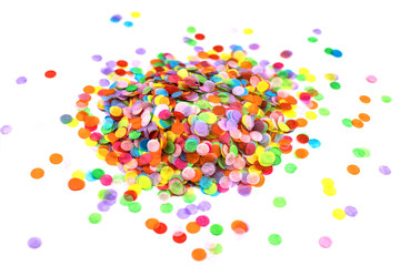 Fototapeta na wymiar Heap of multicolored confetti isolated on white.