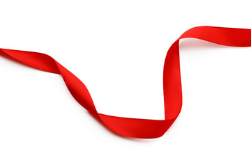 Top view close up of  red ribbon isolated on white background. Flat lay