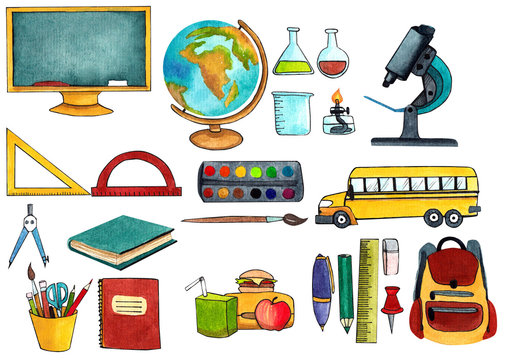 watercolor set drawn by watercolor, digitally isolated clipart. back to school, school accessories. postcard to school again